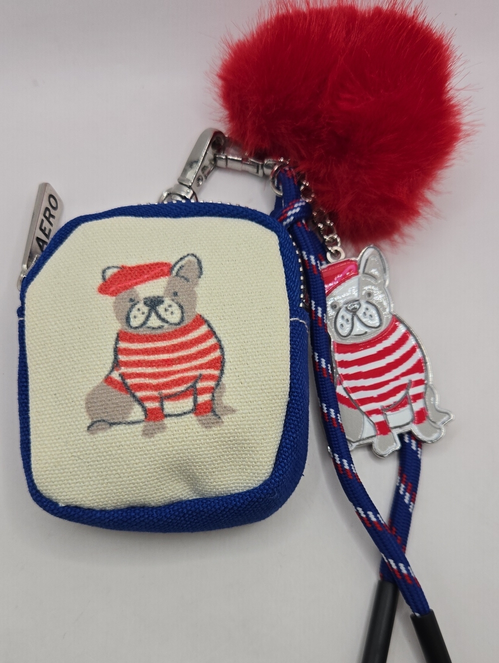 NWOT Aeropostale Dog Key & Card Holder with Red Pom-Pom and Blue Trim